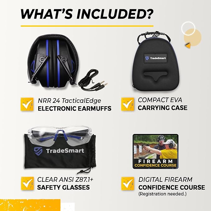 TradeSmart Complete Shooting Eye and Ear Protection: Electronic Earmuffs for Shooting, Range Glasses & Hard Carrying Case