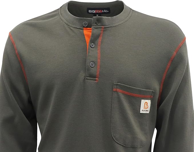 BOCOMAL FR Shirts Flame Resistant Henley Shirt NFPA2112/CAT2 7oz Men's Long Sleeve Fire Retardant Clothing