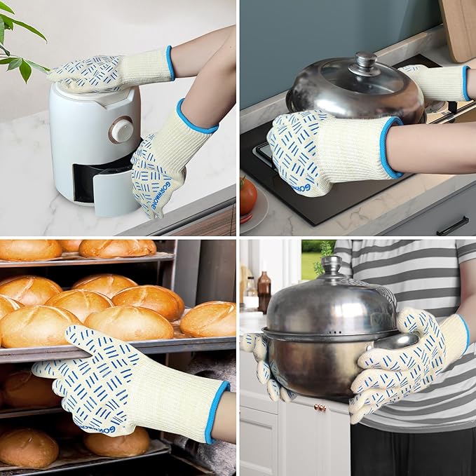 Heat Resistant Oven Gloves with Fingers, 932°F Extreme Heat Proof BBQ Mitts - Non-Slip Dots for Grilling, Baking, Cooking & Commercial Use