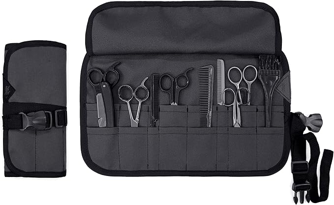 Under NY Sky Salon Scissors Roll Up Holder – Professional Oxford Canvas Pouch Case for Hair Stylists, Barbers & Hairdressers – Portable Storage Organizer for Hair Cutting Shears & Salon Tools - Grey