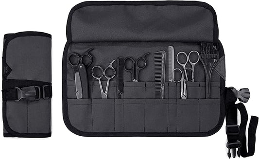 Under NY Sky Salon Scissors Roll Up Holder – Professional Oxford Canvas Pouch Case for Hair Stylists, Barbers & Hairdressers – Portable Storage Organizer for Hair Cutting Shears & Salon Tools - Grey