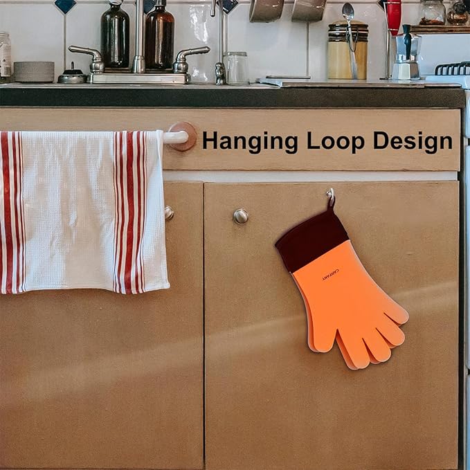 Heat Resistant Grilling Gloves for BBQ Silicone and Cotton Double-Layer Oven Mitts Waterproof Non-Slip Cooking Gloves (Orange)