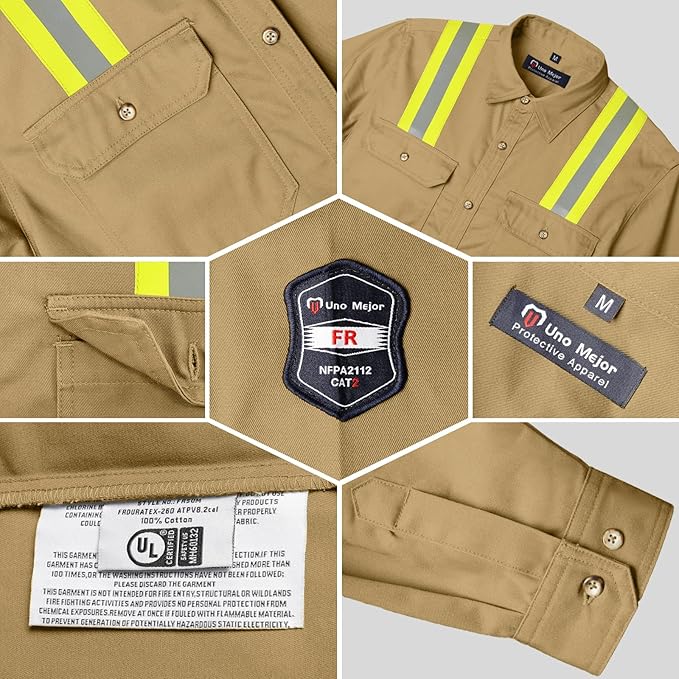 Welding Jacket 7.5oz FR Shirts for Men, High Vis Flame Resistant Mens FR Shirts with Reinforced Sewing, Durable Men's Fire Retardant Welding Shirts for Men, Meets NFPA2112, Khaki-ZRWD S