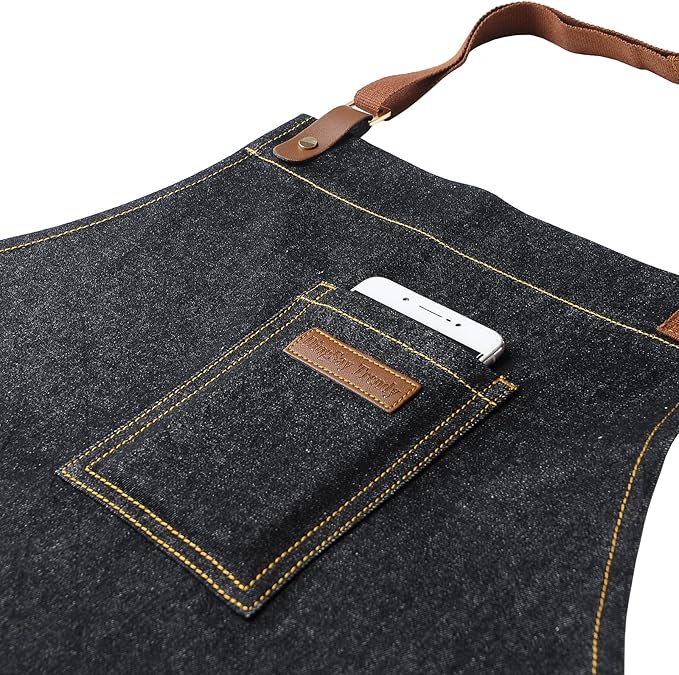 Denim Kitchen Apron with Pockets, Mens Womens Professional Chef Bib Apron for Cooking Grill BBQ Server