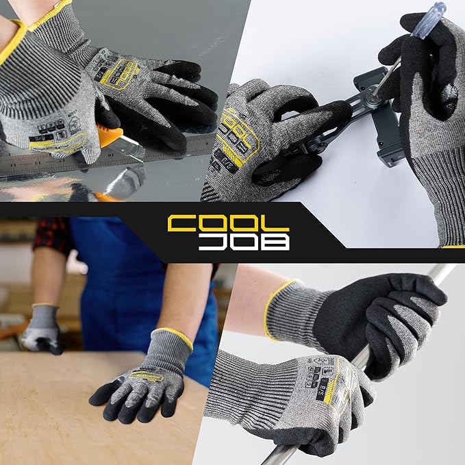 COOLJOB ANSI A5 Cut Resistant Gloves - 1/3/12 Pairs, Nitrile Rubber Dipped Safety Work Gloves for Men, Knife Proof with Grip Coating for Construction Warehouse Glass Wood Work, Grey Xlarge