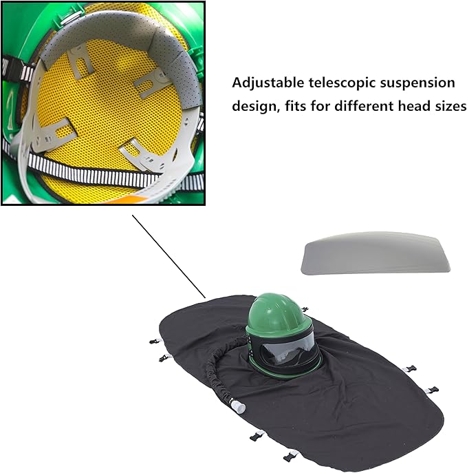 Professional Green Sandblasting Hood with 3 Replaceable Outer Lenses Dust Helmet for Sandblaster & Dustless Blasting Airflow Face Shield Compatible with Hazmat Suit