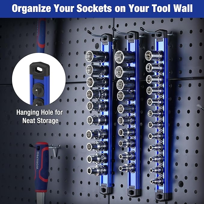 WORKPRO Magnetic Socket Organizer, 3/8-Inch Drive Aluminum Alloy Socket Rail, Heavy Duty Socket Holder, Socket Rack Kit 3/8-Inch x 10 Clips (Blue)