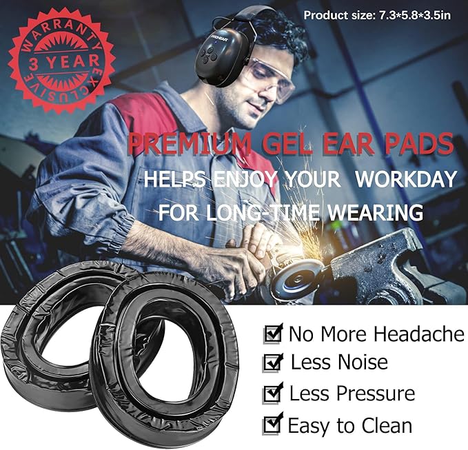PROHEAR 037 Gel Ear Pads Bluetooth 5.3 Hearing Protection Headphones,1500mAh Rechargeable Battery for 120H Playtime Perfect for Mowing Workshops Snowblowing - Black