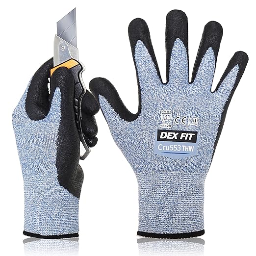DEX FIT A5 Precision Cut Resistant Gloves Cru553 Thin - 1 Pair, Firm Grip, 3D-Comfort Fit, Lightweight & Durable, Nitrile Anti-Slip Palms,Touchscreen Compatible for Precision Assembly; Blue XL (10)