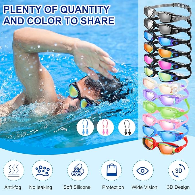 Flutesan 12 Pack Swim Goggles for Adult Kids Anti Fog Swimming Glasses with 12 Ear Plugs Nose Clip No Leaking Full Protection