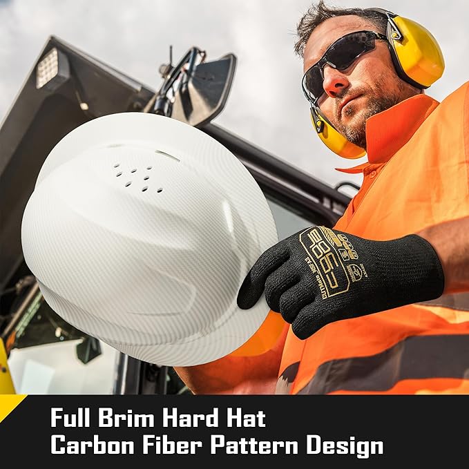 COOLJOB Full Brim Hard Hat, Vented Construction Safety Helmet OSHA Approved, 6-Point Ratchet Suspension, Carbon Fiber Pattern Design