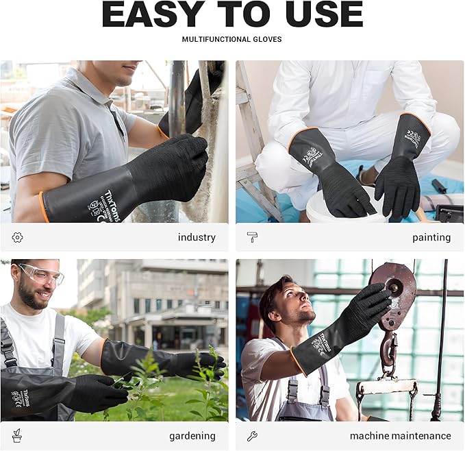 ThxToms Heavy Duty Rubber Gloves, Industrial Chemical Resistant Gloves Waterproof Reusable Protective Work Gloves for Cleaning, Dishwashing,Upgraded with Non-Slip Design, Black, 22" 1 Pair
