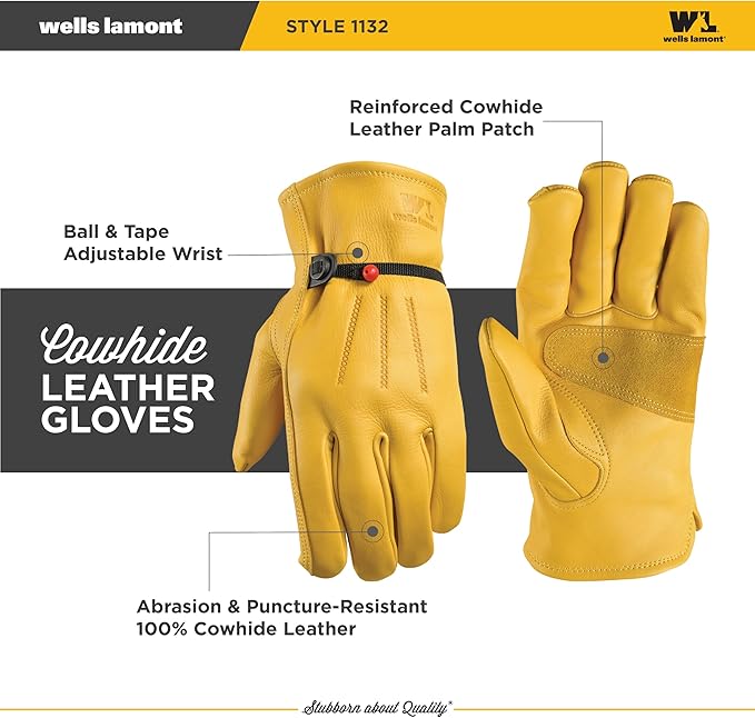 Wells Lamont Men's Cowhide Leather Work Gloves, Adjustable Wrist, Puncture and Cut Resistant, Saddletan, Medium (1132M)