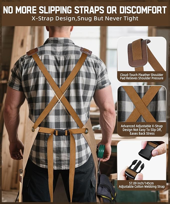 ARCFOX Woodworking Apron with 9 Pockets,Heavy Duty Canvas Apron for Man,Cross Back Apron for Woodworkers, Mechanics, Blacksmiths, DIY Hobbyists