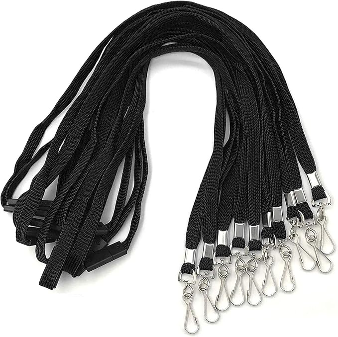 Safety Lanyards Premium Breakaway Black Lanyard Comfortable Neck Straps Lanyards Swivel J Hook for ID Badges 50 Pack