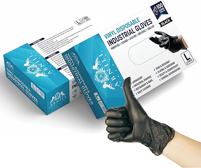 Black Disposable Gloves, Black Vinyl Gloves, 4.5-Mil, Latex Free, Powder Free for Cooking, Cleaning & Food Prep
