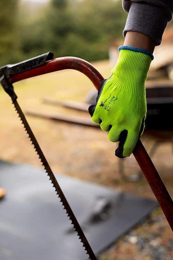 G & F 1516 12 Pairs Pack Premium High Visibility Low emissions Green Work and gardening Gloves for Men and Women.MicroFoam Textured Coated Palm and Fingers Gloves for Gardening Work,Size Large,Green