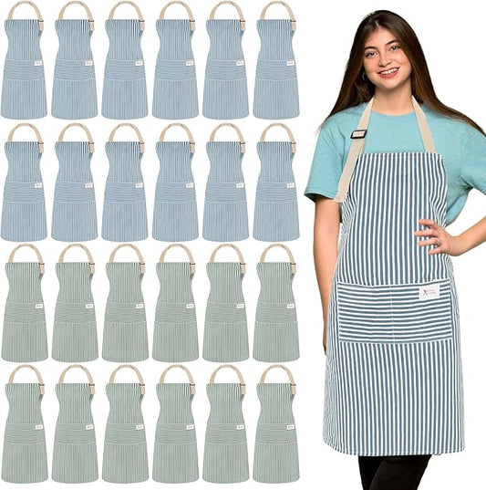 Janmercy 24 Pcs Aprons for Women Men with 2 Pockets Linen Cooking Kitchen Apron Adjustable Bib Chef Apron Bulk Aprons Unisex