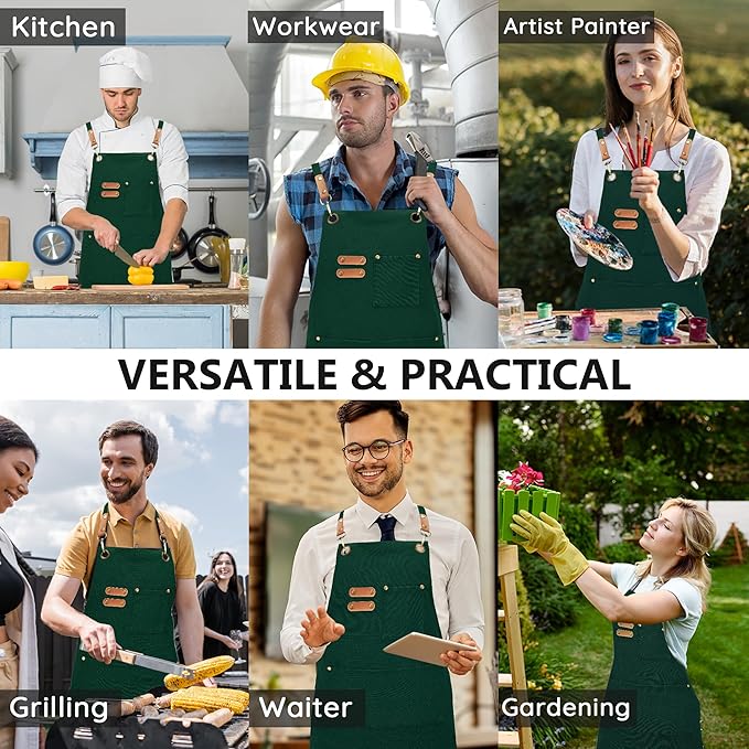 Canvas Aprons, Kitchen Chef Aprons, Work Aprons for Men Women, Adjustable Strap Aprons with 3 Pockets