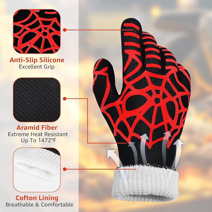 BBQ Gloves, 1472°F Heat Resistant Grilling Gloves Silicone Non-Slip Washable Oven Gloves, Grill Gloves for Barbecue, Grilling, Cooking, Baking, Camping, Smoker