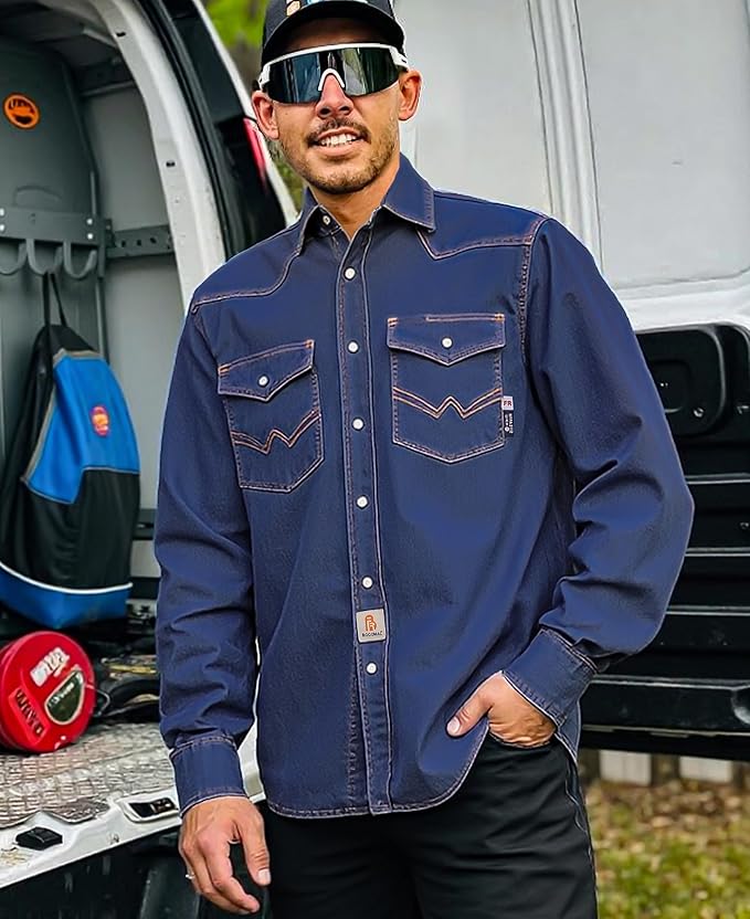 BOCOMAL FR Shirts Washed Denim EX Soft Midweight Smooth Fit Pearl Snaps Down Durable Flame Resistant Work Clothing