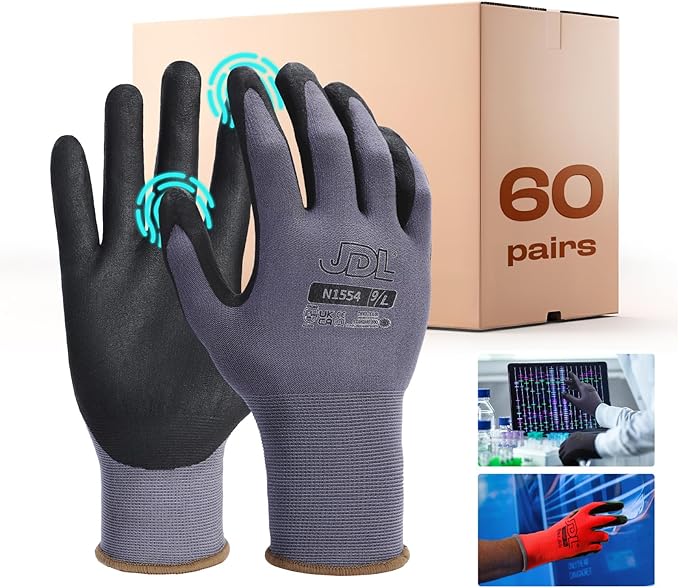 JDL Work Gloves with Micro Foam Nitrile Coated, Touch Screen Compatible,US Patent Seamless Knit Nylon Safety Gloves