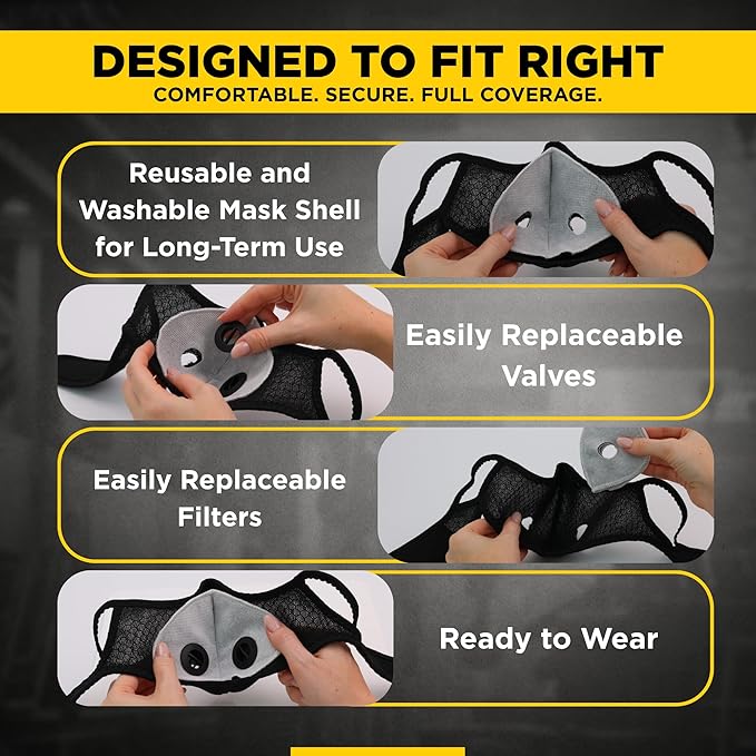 ToughCraft Reusable Dust Mask, Breathable Face Mask with 6 Filters for Dust, Welding, Construction, Sanding, Paint, Woodworking, Dual Breathing Valve for Cycling, Running, Outdoor Sports - Black