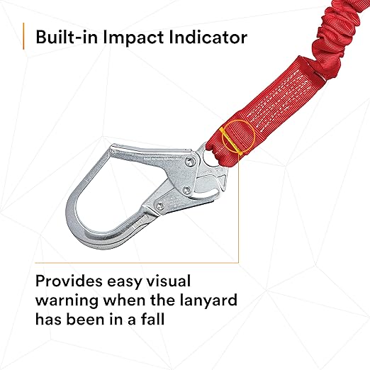 3M Protecta PRO 1340161 6', 100-Percent Elastic Shock Absorbing Lanyard, Snap Hook At Center, Steel Rebar Hooks On Leg Ends, 310 lb. Capacity, Red