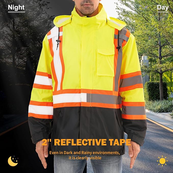 Reflective Rain jackets for men waterproof,Hi Vis Safety Coat With Reflective Strips，High Visibility Class 3 Rain jackets With 2 large pockets,Zipper,Lime,SM/MD