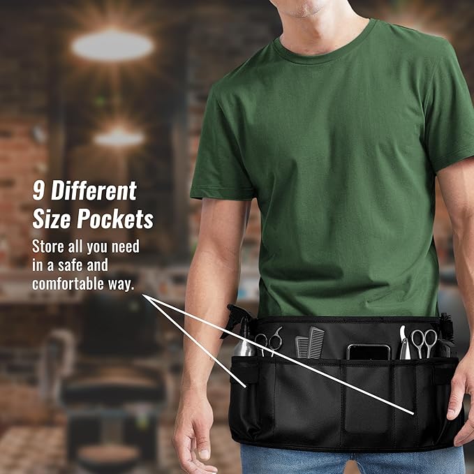 Under NY Sky Salon Waist Apron - Vegan Leather - 9 Pockets, 3 Loops - Hair Cut Holster for Tool Storage, Shears, Brush, Trimmer - Belt Pouch - Hair Stylist, Makeup Artist, Barber, Cosmetology - Black