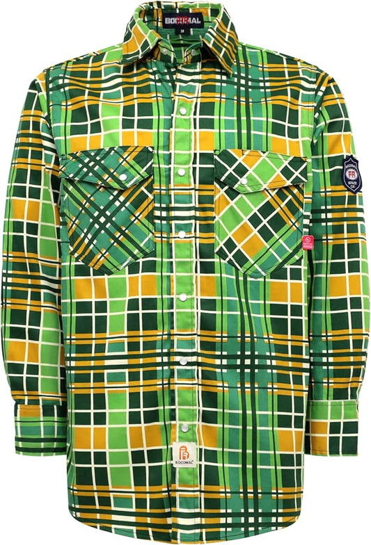 BOCOMAL FR Shirts Flame Resistant NFPA2112/CAT2 6.5oz Light Weight Printed Fire Retardant Plaid Shirt