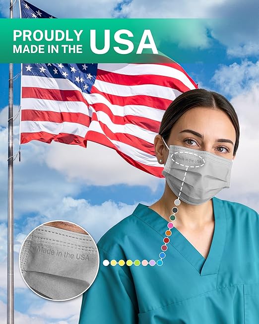Disposable Face Masks Made in USA, 4 Ply for Families, Students, Breathable All-Day Wear & Safety, FSA HSA Eligible, ASTM Level 3 Medical Grade, 50 Pack, Grey
