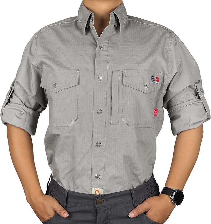 BOCOMAL FR Shirts 6oz Ripstop Durable Rugged Zipper Pocket Water Repellent Finish Fire Resistant Shirt-CAT2