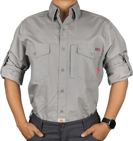 BOCOMAL FR Shirts 6oz Ripstop Durable Rugged Zipper Pocket Water Repellent Finish Fire Resistant Shirt-CAT2