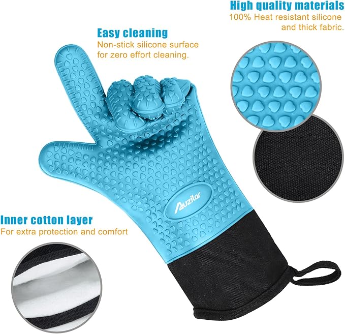 Silicone Cooking Gloves, Grilling Gloves, Heat Resistant Gloves BBQ Kitchen Silicone Oven Mitts, Long Waterproof Non-Slip Potholder for Barbecue, Cooking, Baking
