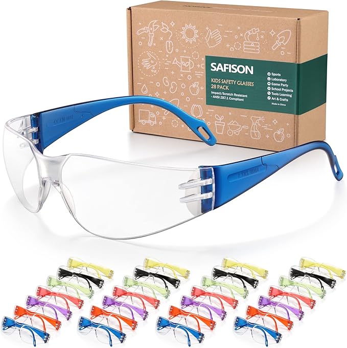 28 Pack Kids Safety Glasses, ANSI Z87.1 Child Size Protective Goggles in 7 Colors, Scratch and Impact Resistant Clear Lens Eyewear with Color Frame for Nerf Party/Science/School Projects