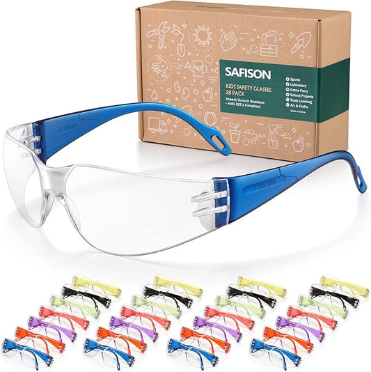 28 Pack Kids Safety Glasses, ANSI Z87.1 Child Size Protective Goggles in 7 Colors, Scratch and Impact Resistant Clear Lens Eyewear with Color Frame for Nerf Party/Science/School Projects