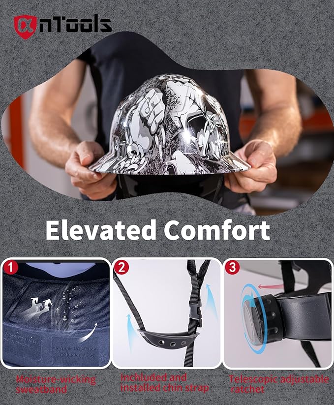 Skeleton Pattern Design Full Brim Hard Hat, OSHA Approved Construction Hard Hats for Men, 4-Point Adjustable Suspension, ANSI Z89.1