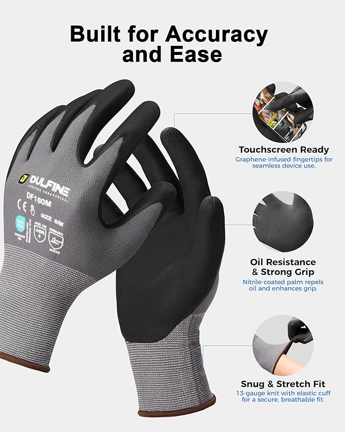 DULFINE Safety Work Gloves MicroFoam Nitrile Coated-12 Pairs Pack,Seamless Knit Nylon Glove with Black Micro-Foam Nitrile Grip,Ideal for General Purpose,Automotive,Home Improvement,Painting(Medium)