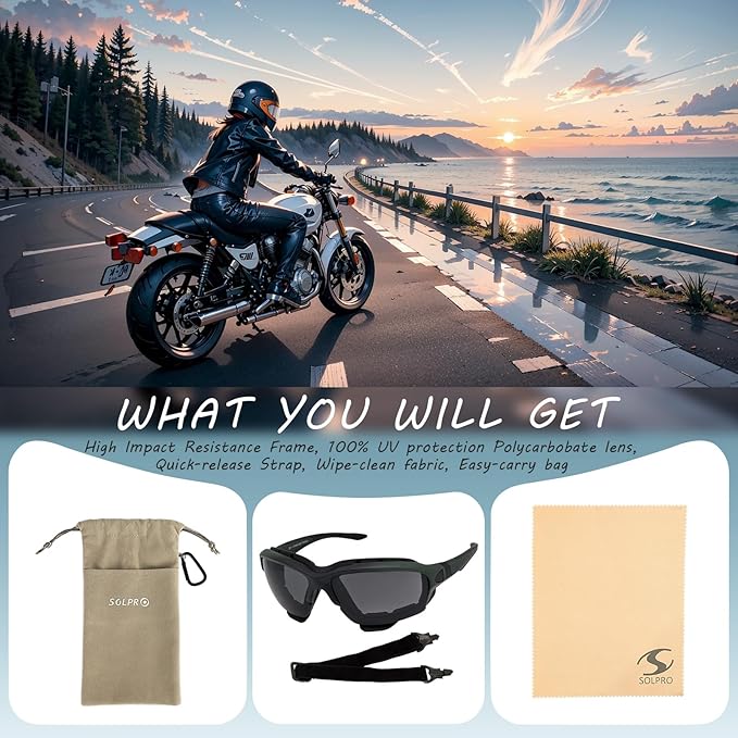 Powersports Glasses Safety Motorcycle Goggle, Anti-fog, Wrap around, Windproof, Hunting, Riding, Mowing,Men and Women