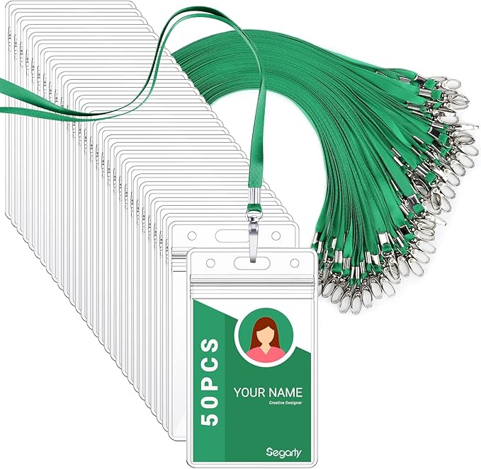 Segarty Lanyards with ID Holder, 50 Pack Vertical Badge Clear Plastic Name Tags Neck Key Card Bulk, Green Strap Clips Waterproof Ziplock Nametag Protector for Women, Business, Student, School, Office