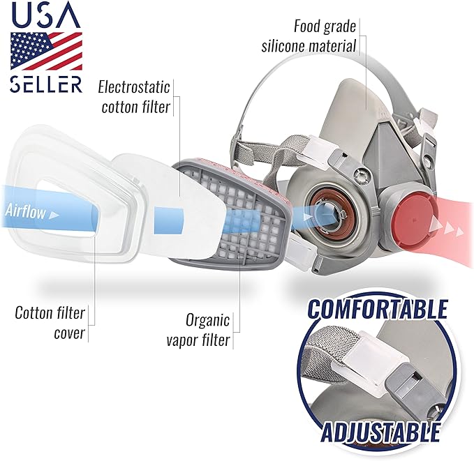 Respirator Mask for Spray Painting, Woodworking, Welding, Dust, and General Safety with Clear Eye Goggles, 10 Replacement Filters, Half Face Cover with Safety Glasses