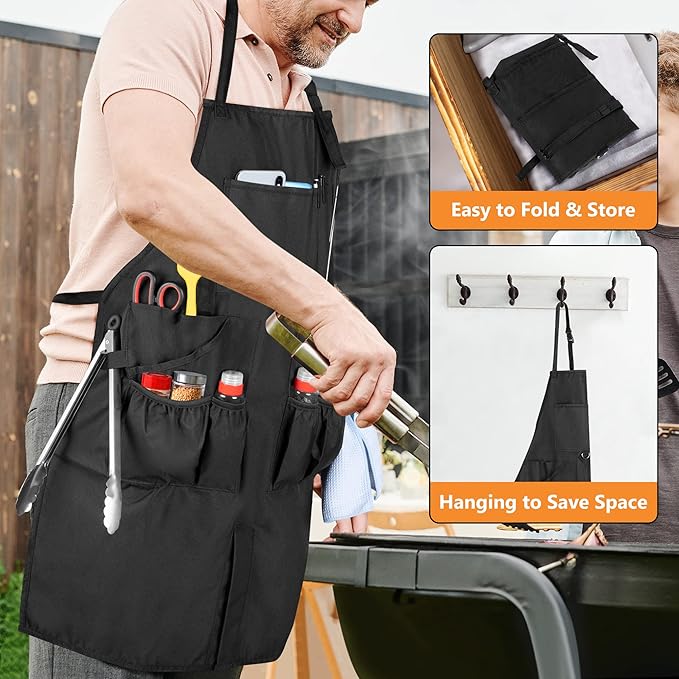 Large BBQ Grilling Apron, Cooking Apron for Men with Pockets & Slit Hem, Kitchen Apron with Adjustable Neck Strap for Men & Women, Work Apron for Chef, Barber, Painter, Carpenter, Apron Only