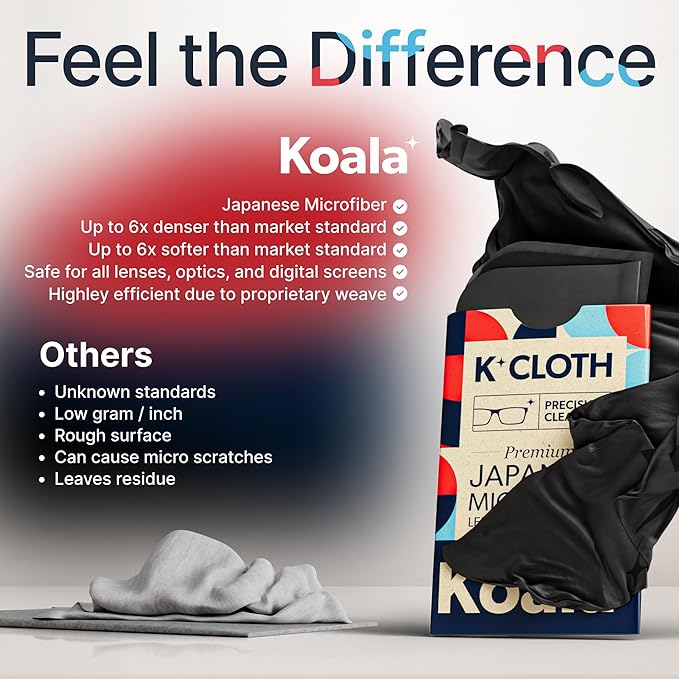 Koala Lens Cleaning Cloth | Japanese Microfiber | Glasses Cleaning Cloths | Eyeglass Lens Cleaner | Eyeglasses, Camera, VR/AR Headset, and Screen Cleaner | Black & Green (Pack of 24)