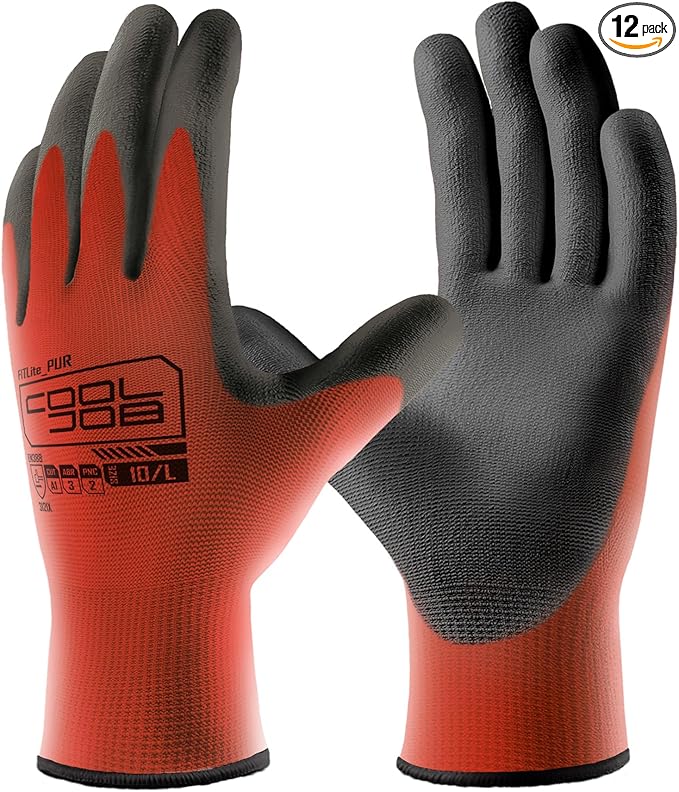 COOLJOB 12/60 Pairs Safety Work Gloves Pack Bulk with Grip PU Coating, 13 Gauge Seamless Knit Gloves with Polyurethane Dipped for Warehouse Working, Breathable Lightweight for Men Women, Red Xlarge