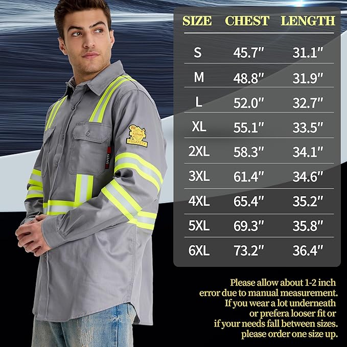 SRsafety Hi Vis FR Work Shirts,7.0oz Long Sleeve Flame Resistant Shirts for Men,100% Cotton High Visibility Fire Shirt