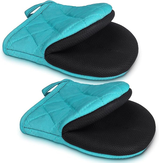 1 Pair Short Oven Mitts - Silicone Kitchen Oven Gloves High Heat Resistant 500℉, Mini Oven Mits with Non-Slip Grip Surfaces and Hanging Loop for BBQ, Baking, Cooking and Grilling (Coral Blue)