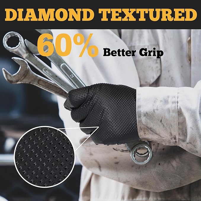 TitanFlex Heavy Duty Black Nitrile Gloves, 6 Mil with Raised Diamond Texture Disposable Gloves Latex Free, Powder Free