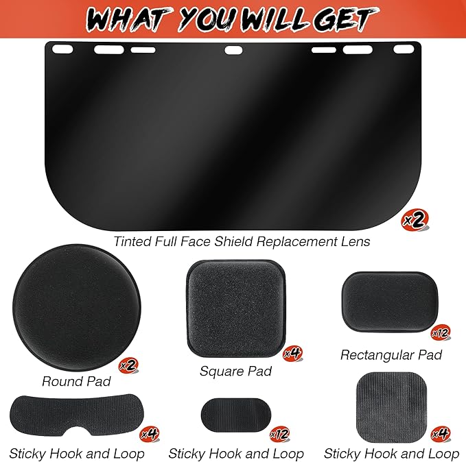 Feekoon 2 Pack Face Shield Replacement Lens with Helmet Pads, Tinted Full Face Shield Compatible with Hobart 770580, Replacement Foam Padding Kits for Welding, Grinding, DIY, Cosplay Helmet