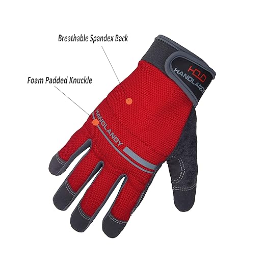 HANDLANDY Work Gloves Mens & Women, Utility Safety Mechanic Working Gloves Touch Screen, Flexible Breathable Yard Work Gloves (Large, Red)